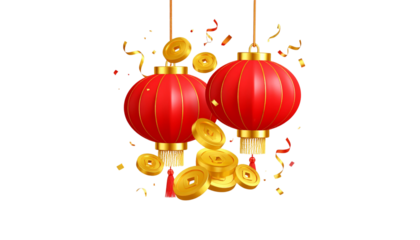 Chinese New Year decorations, red lanterns and bright gold coins on a white background