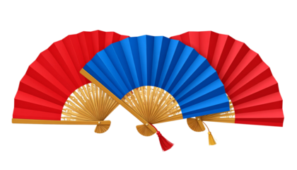 Traditional red oriental fan with Japanese patterns on a white background