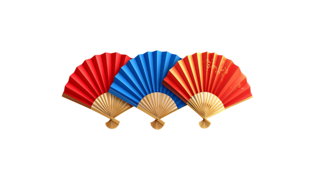 Traditional red oriental fan with Japanese patterns on a white background