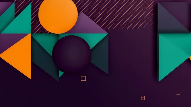 Dynamic Abstract Composition with Geometric Shapes in Orange Teal and Purple Hues on Dark Background Featuring Squares Triangles and Circles