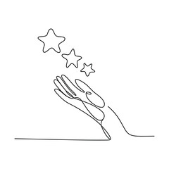 Single line drawing of a hand reaching up to catch falling stars