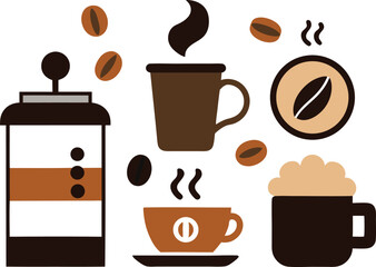 National coffee day vector collection coffee elements french press cups beans illustration