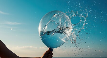 Clear Balloon Bursting with Splashing Water Against a Bright Blue Sky