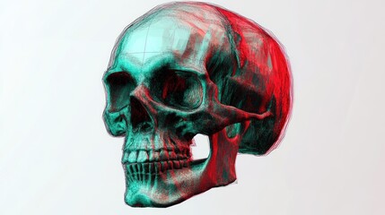 Cyan and red 3D rendered human skull, profile view, isolated on white background.