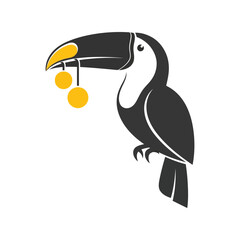 Whimsical toucan bird holding bright yellow fruit in its beak cartoon vector