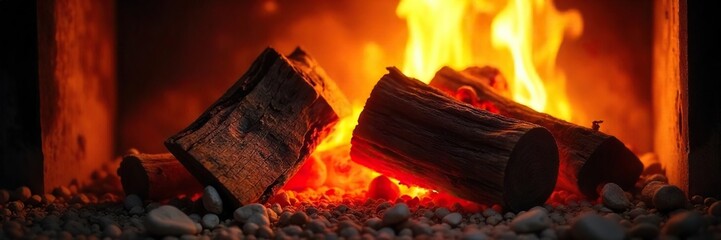 Close-up of vibrant orange and yellow firewood flames dancing in a fireplace, creating a warm and inviting ambiance Embers glow brightly, casting flickering light and shadows , home, fire