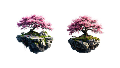 3D illustration of a floating island with cherry blossom trees on a white background