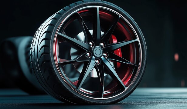 Black and red luxury sports car wheels with low-profile tires on dark background, close-up rim shot showcasing sleek high-performance design