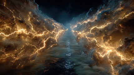 Majestic cosmic landscape with dramatic lightning and clouds over surreal ocean path