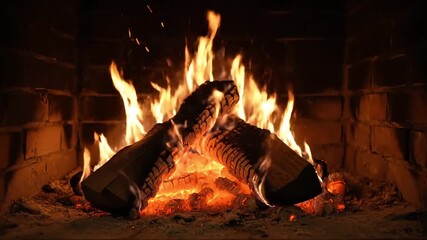 Cozy fireplace with crackling logs and warm glowing flames on a cold evening