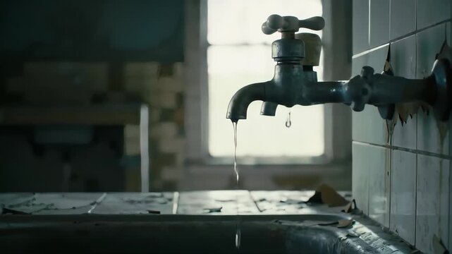 Leaking Tap in Abandoned Building with Water Dripping Against Tiled Wall in Sunlight