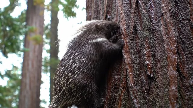 Porcupine climbing tree trunk in forest. Animal, wildlife, mammal, nature, outdoors. Quills visible.
