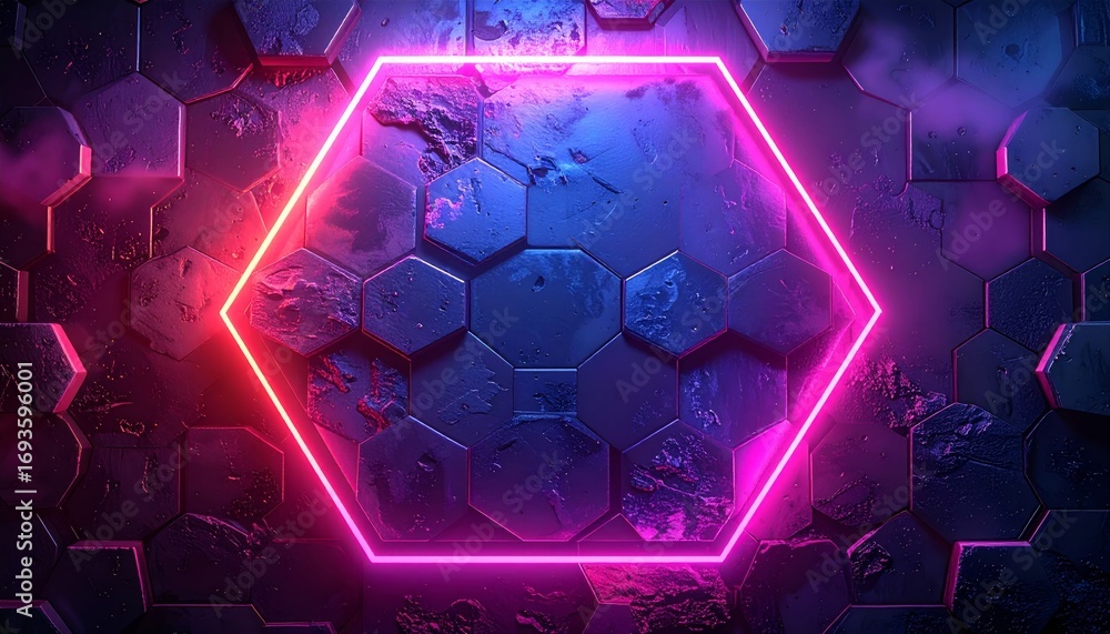 Poster a dynamic 3d soccer ball with a hexagonal honeycomb pattern rests on a futuristic stage, blending sp