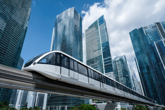 A futuristic monorail passing skyscrapers