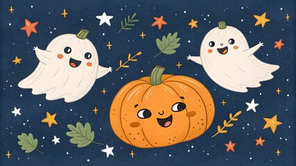 Cute Halloween Ghosts and Pumpkin Illustration with Stars and Leaves