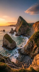 Rugged Coastline at Sunset: Cliffs, Sea Stacks, and Pebble Beach in Golden Light