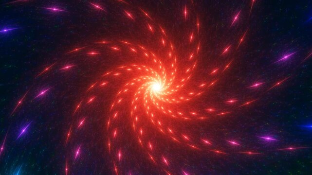 Catherine wheel with flamy glowing particles, sparks rotating, illuminating. Abstract fractal background with red disco lights forming spiral fiery pattern and tanglement. 4K UHD 4096x2304