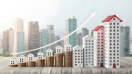 Real estate growth concept with houses, coins, and upward trend