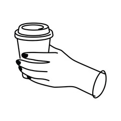 Minimalist line art drawing of a hand holding a disposable coffee cup