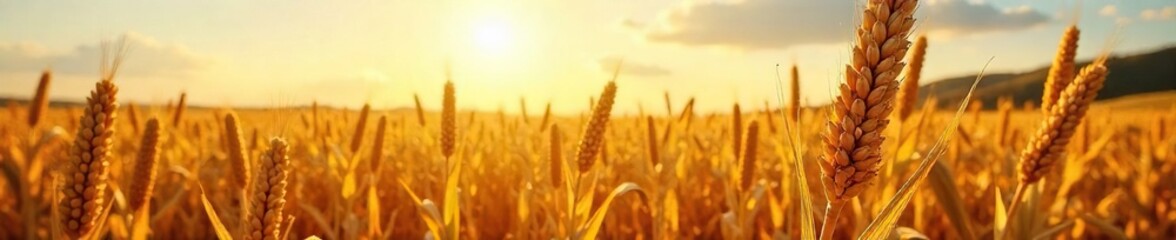 Golden corn stalks heavy with ripe ears stand tall in a vast field under a bright autumn sun, ready for harvest  The scene evokes abundance and the bounty of nature ,  season,  ears of corn