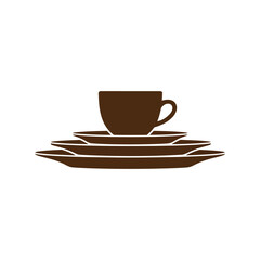 Elegant brown ceramic coffee cup and saucer stacked on plates minimalist tableware icon vector