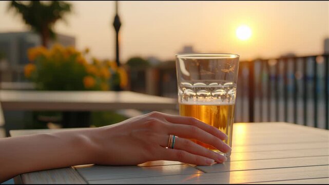 Hand resting on table next to a glass of beer