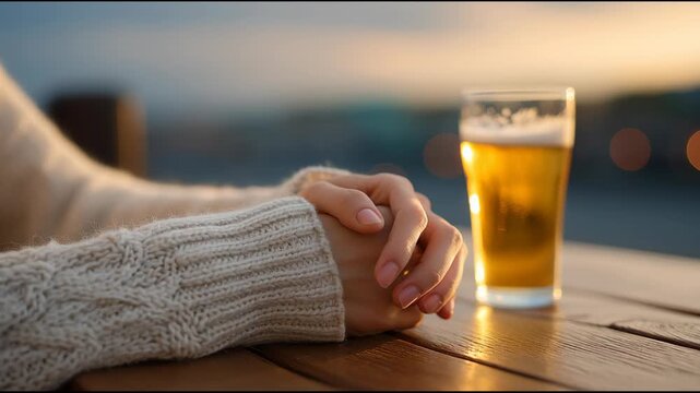 Hands resting on a table beside a glass of beer