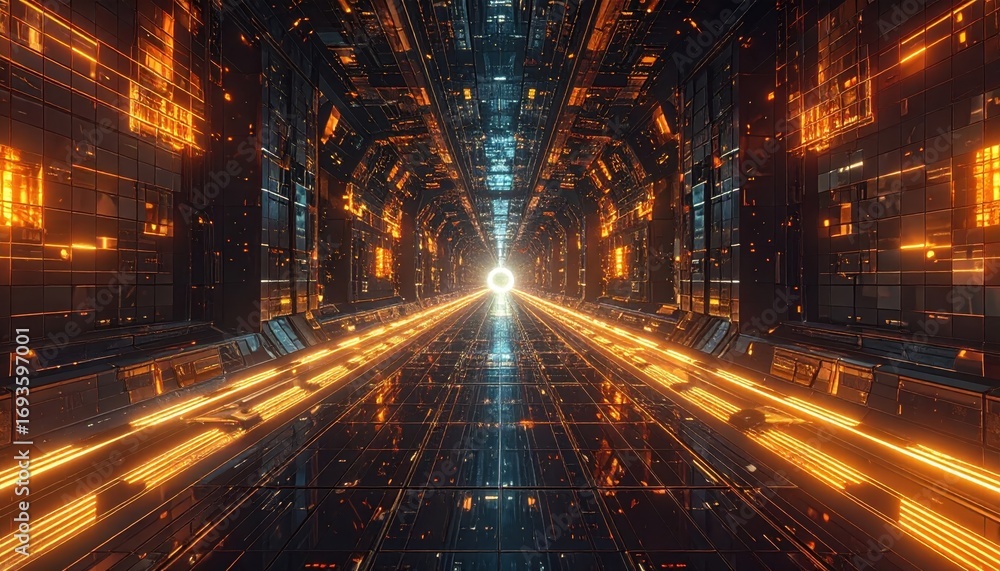 Poster a futuristic tunnel design with glowing orange and dark blue details, creating a dynamic perspective