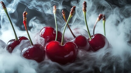 Juicy red cherries nestled in swirling smoke, creating a dramatic, mysterious, and delicious image.