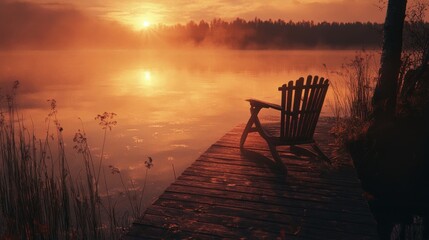 Serene sunrise over misty lake, wooden chair on dock.