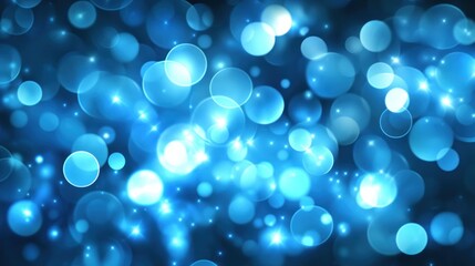 Abstract blue bokeh background with bright glowing circles and sparkles.