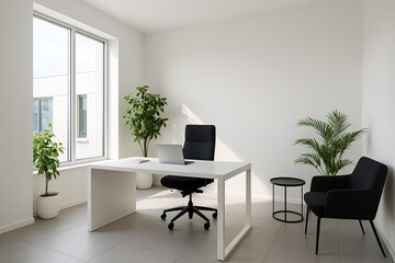 Fototapeta premium Serene Minimalist Office with Natural Light and Greenery Accents