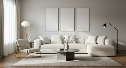 White sectional sofa with three empty frames and modern furniture in a bright room living room