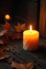 Cozy hearth candle burning brightly, casting a warm inviting glow on a rustic wooden surface  Perfect for autumn, winter, or hygge-themed projects ,  flickering,  home