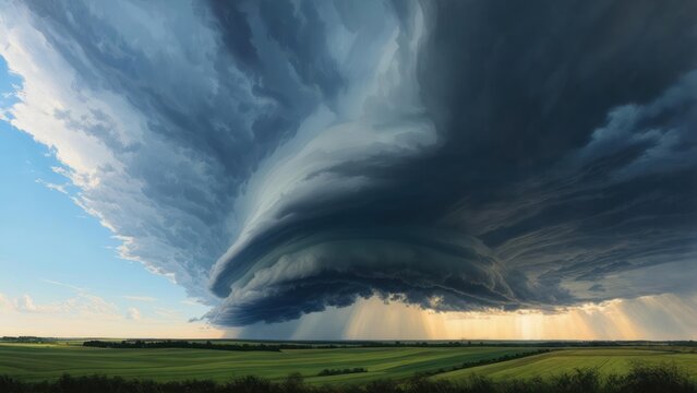 Vast storm cloud over a green field - Powered by Adobe