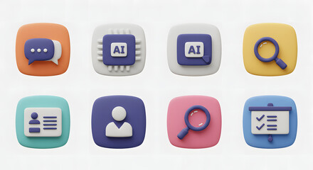 A versatile collection of modern 3D icons representing technology and business concepts like AI, data search, user profiles, and communication for digital interfaces