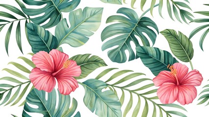 Fototapeta premium Vibrant Tropical Floral Arrangement with Hibiscus and Green Leaves