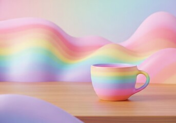 Rainbow Mug on Wooden Table with Pastel Background