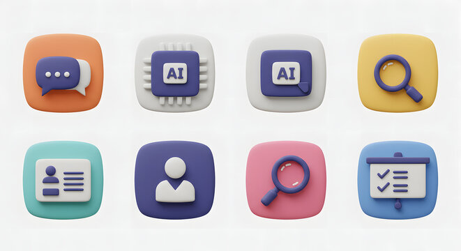 A versatile collection of modern 3D icons representing technology and business concepts like AI, data search, user profiles, and communication for digital interfaces