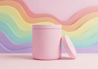 Pastel Pink Container Against Rainbow Waves Background