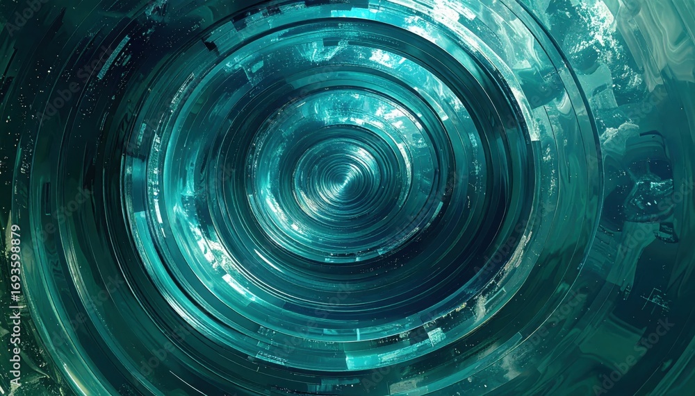 Poster a dynamic abstract design features concentric circles in teal and darker shades, creating a captivat