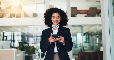 Smile, business and woman with phone in office for research, contact source and confirm schedule....