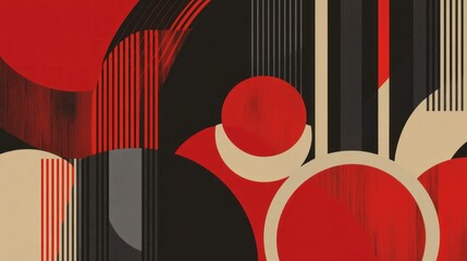 Abstract geometric art with red, black, and beige circles and stripes.