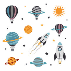 Whimsical space adventure with planets rockets and hot air balloons exploring the cosmos