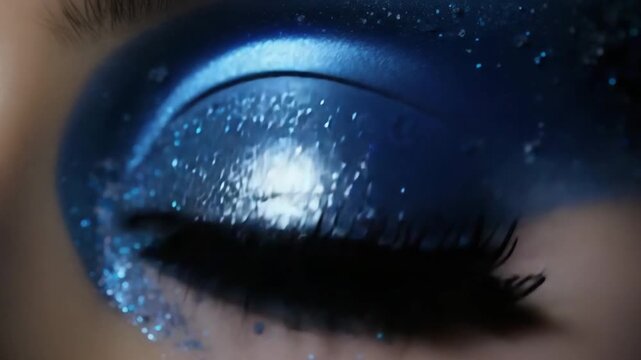 Close up Woman with glitter glitzy face holiday makeup. Girl with perfect skin and blue smoky eyes eye shadows. Beautyful girl with blue and silver glitter on her face and body. False Lashes.