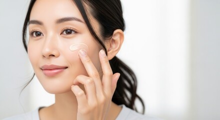 Young Asian woman applying facial cream to her cheek with her finger, demonstrating skincare routine.