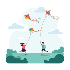 Children joyfully flying colorful kites on a sunny day in a park with green trees and fluffy clouds above them creating happy memories
