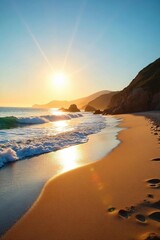 Golden hour sunlight bathes a pristine California beach, waves gently lapping the shore Perfect for travel, tourism, and summer vacation imagery , landscape, ocean, vacation