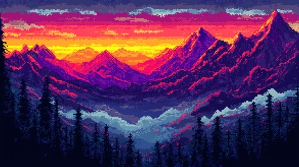 Vibrant pixel art sunset over majestic mountains and foggy valley.