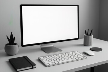Fototapeta premium Monochrome Minimalist Workspace: Computer, Keyboard, Plant, and Stationary Essentials on Light Desk